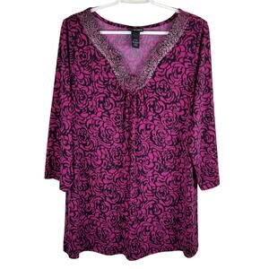 Lane Bryant Pink Black Floral Beaded V-Neck Business Work Blouse 14/16W
